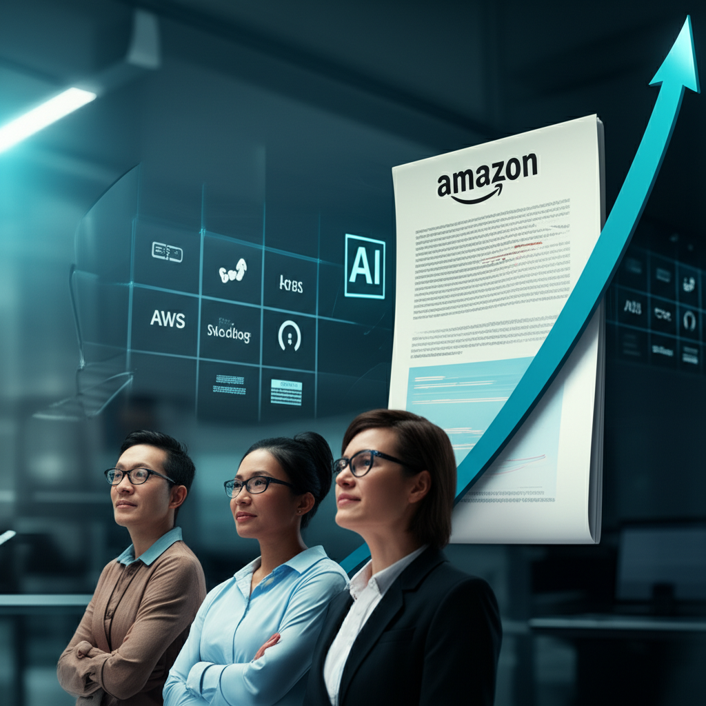 亞馬遜財報成長插圖，股價曲線向上飆升，背景融入AWS與AI元素，投資者充滿信心展望未來