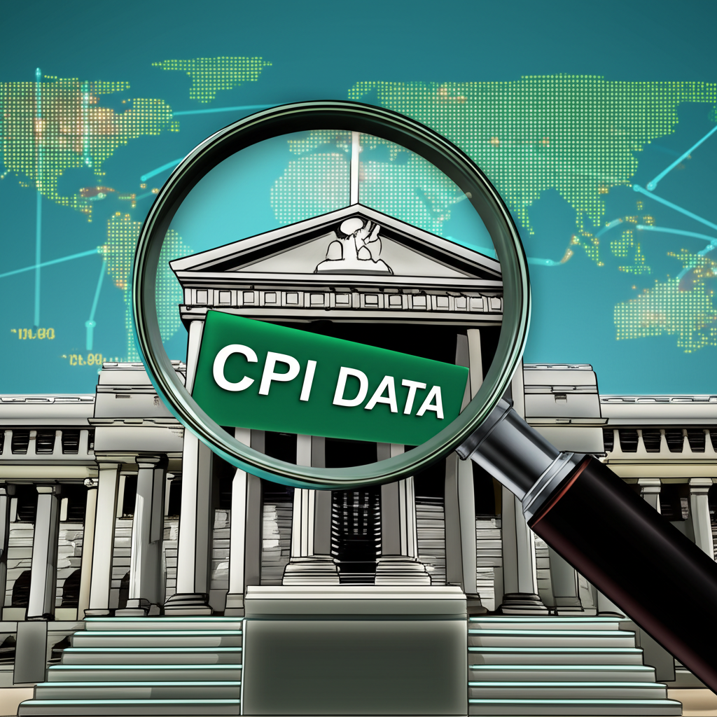 全球經濟景觀示意圖,放大鏡聚焦於CPI數據與央行建築,反映市場對降息的期待