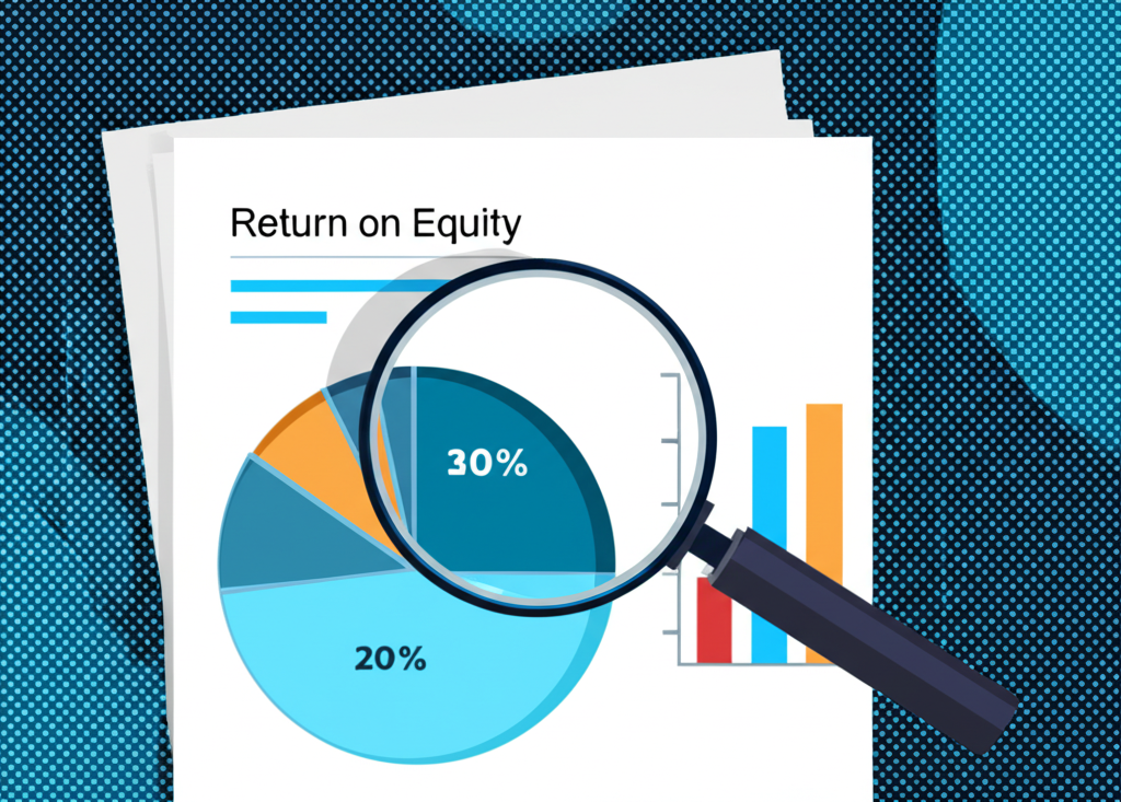 放大鏡檢視財務報告圖表,強調股東權益報酬率ROE,展示公司為股東創造獲利與管理效率的概念,以簡潔企業風格呈現
