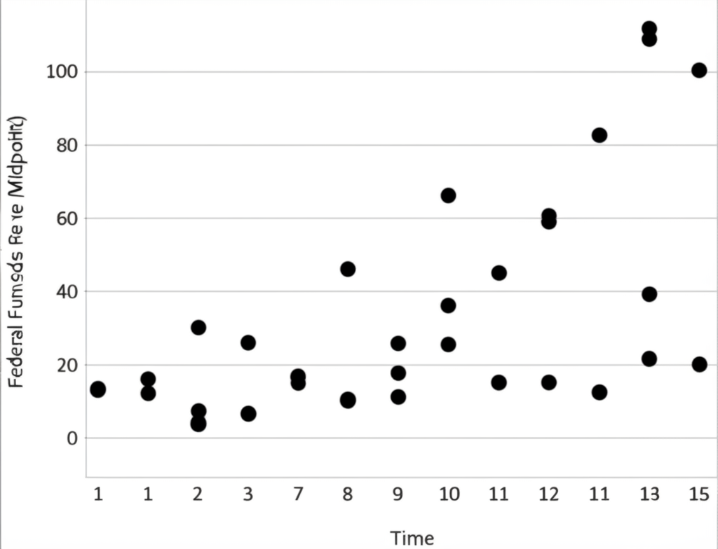 詳細 FOMC 點陣圖插圖,X 軸為時間、Y 軸為聯邦基金利率中點,每點象徵委員預期