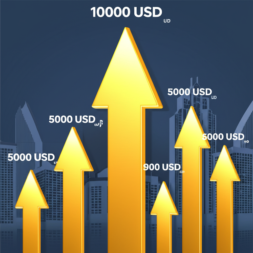 金融機構對金價的樂觀預測圖示，箭頭指向10,000美元與5,000美元目標