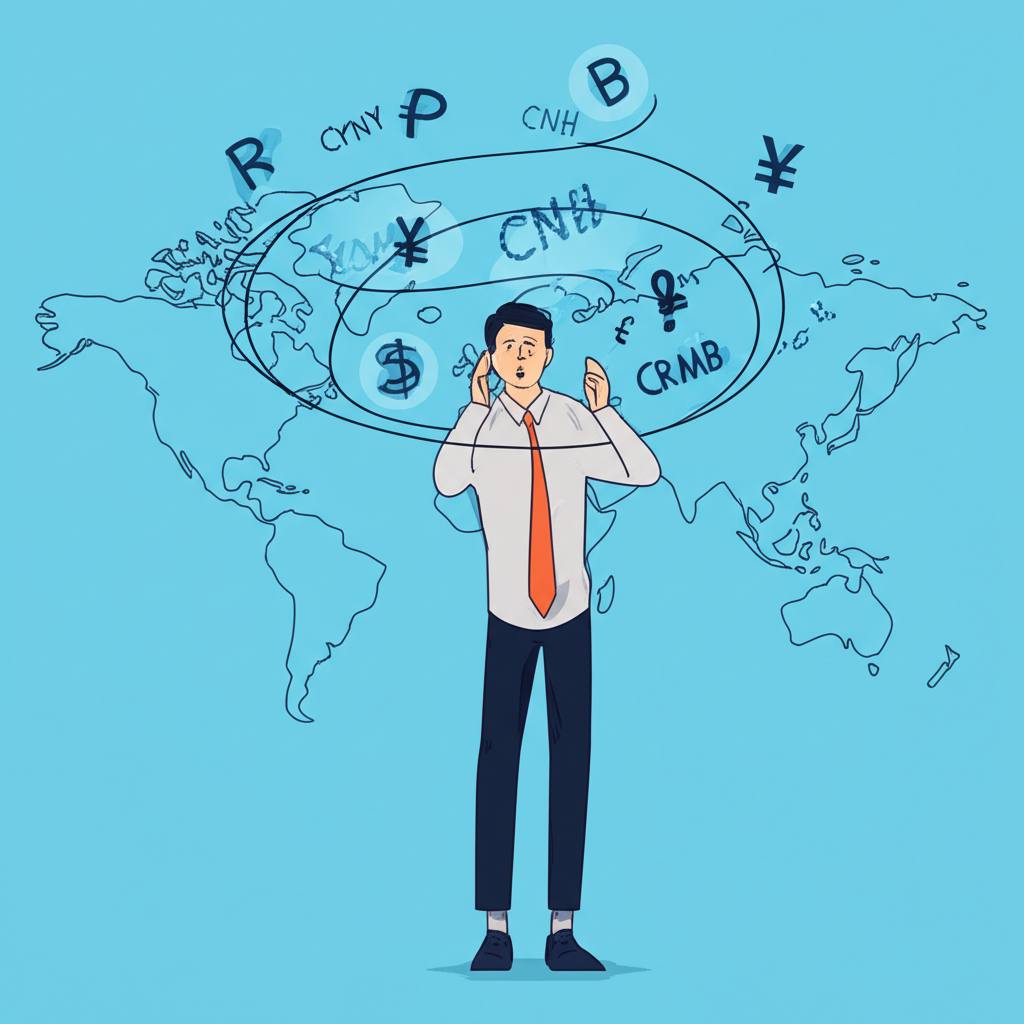 CNY RMB CNH貨幣符號環繞困惑人士的世界地圖全球金融概念插圖