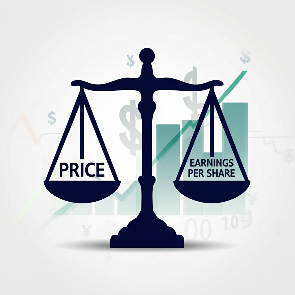 本益比概念的平衡秤插圖，展示股價與每股盈餘的權衡