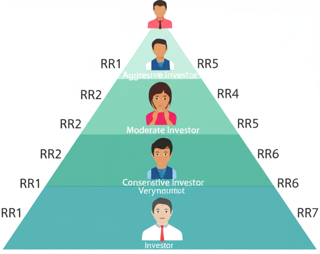 基金風險等級金字塔圖示,顯示RR1至RR5層級投資資產與投資者類型