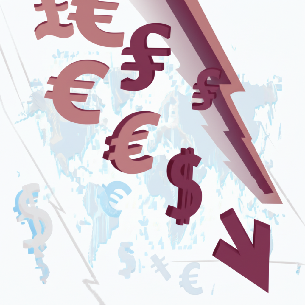 歐元貨幣符號相對於美元、英鎊、日圓等主要貨幣下跌的插圖,背景為全球金融市場,代表購買力下降與國際貿易影響