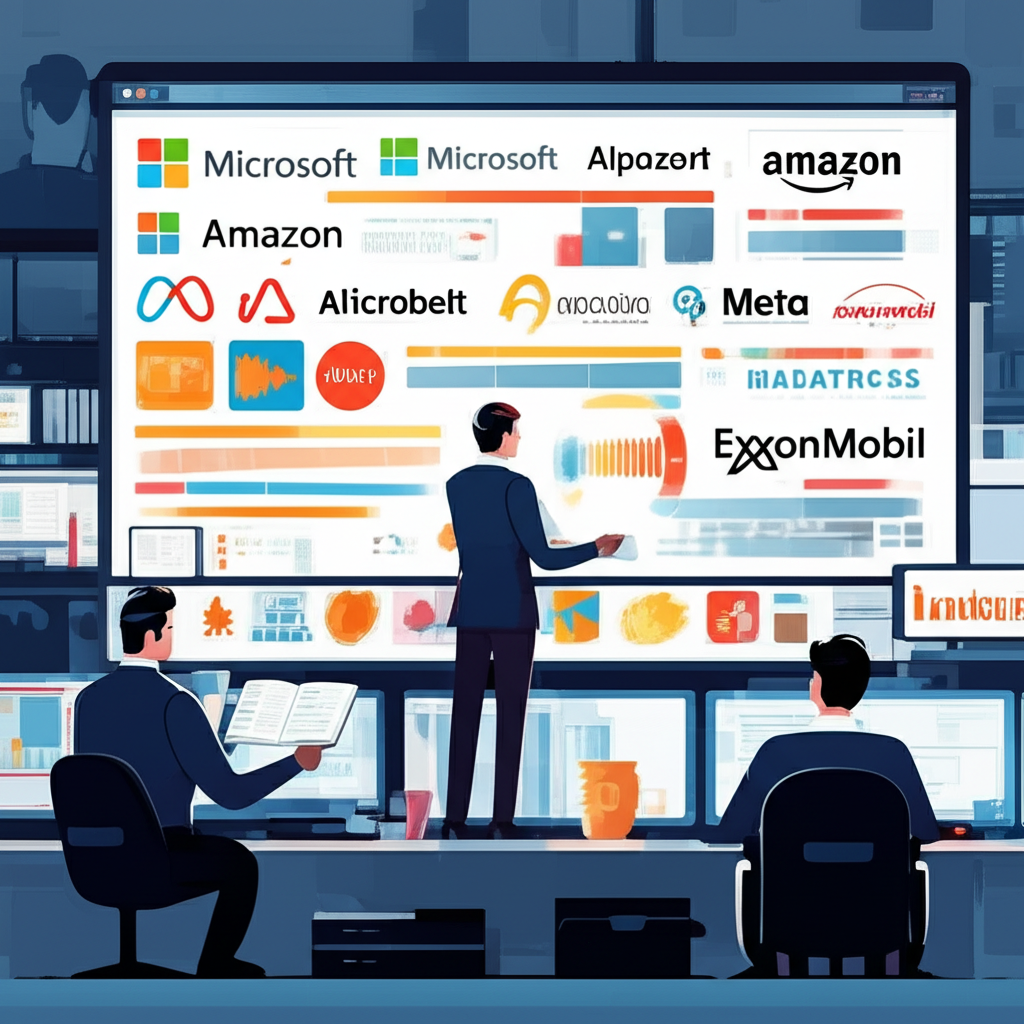 financial newsroom with analysts reviewing earnings reports from tech and industry giants