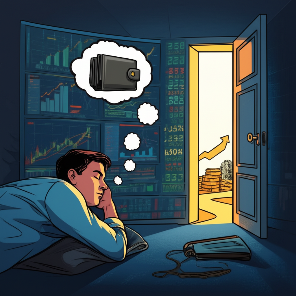 插圖描繪一名交易者夢想操作龐大金融市場螢幕,但錢包空空如也,一道標示『資金交易員』的發光之門開啟,門後是機遇與陷阱交織的道路