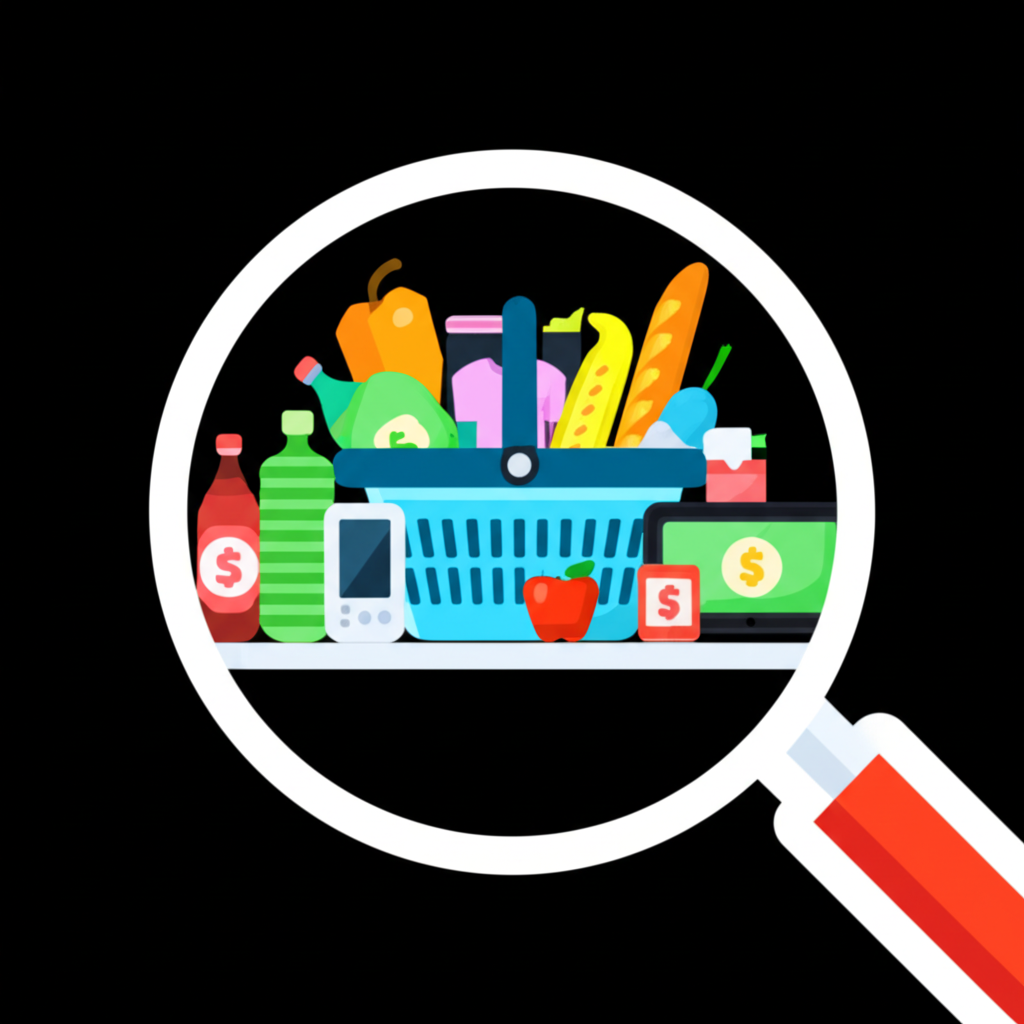 Consumer price index concept an illustration of a magnifying glass over a diverse basket of goods and services representing inflation measurement and purchasing power
