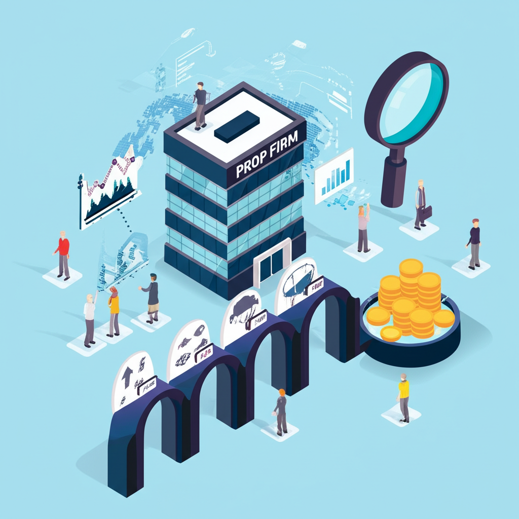 插圖顯示資金公司建築以放大鏡在全球搜尋優秀交易者,交易者需通過一系列挑戰關卡,最終抵達龐大資金池