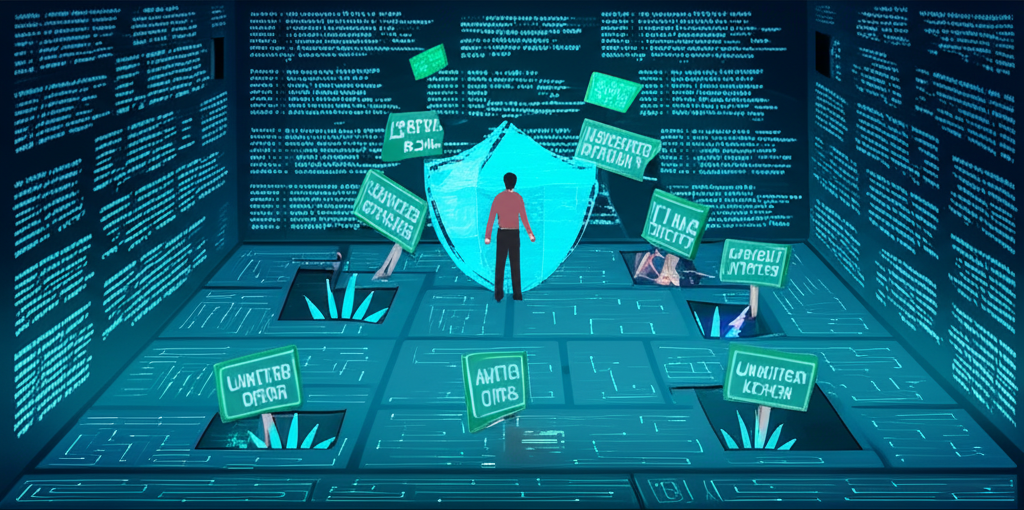 一位人在數位迷宮中穿梭,周圍充滿欺騙標誌和隱藏陷阱,象徵CFD詐騙的普遍性,一道藍色防護盾光芒環繞著他