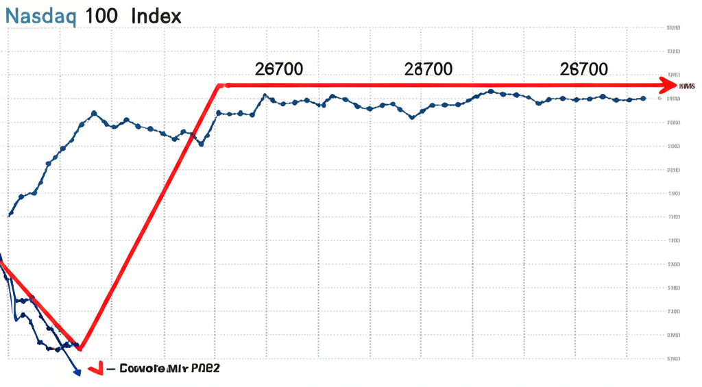 那斯達克100指數圖表顯示26,700點高峰與向下波浪,預示潛在2022年式修正與獲利了結