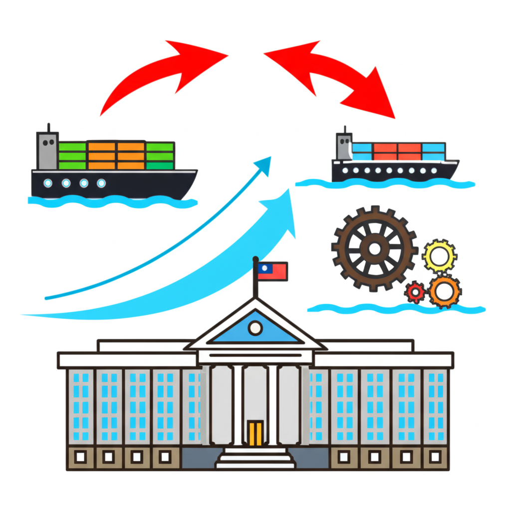 台灣經濟實力象徵插圖：貨輪滿載出口商品、外資資金流入、中央銀行政策調控，共同促成新台幣升值