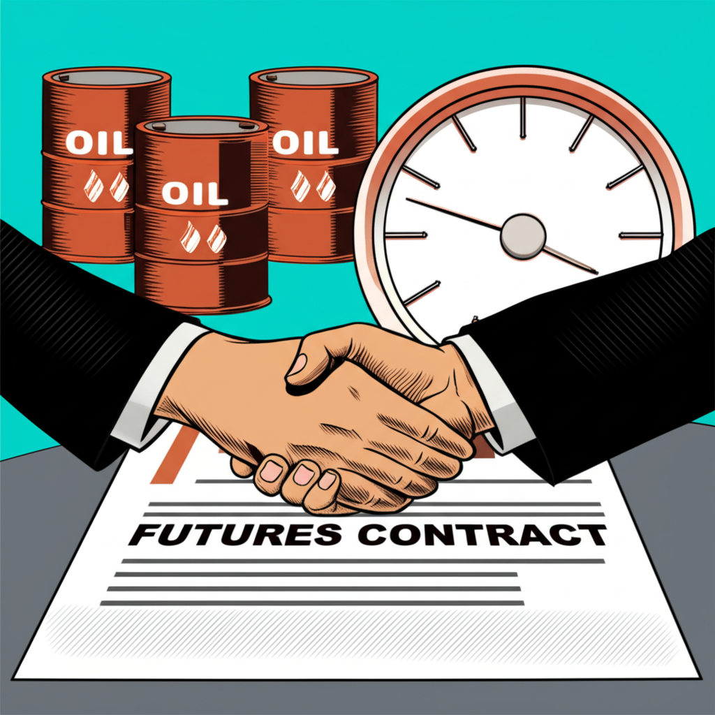 兩手握手簽署期貨合約的文件，背景有油桶和顯示未來時間的時鐘，象徵全球能源交易