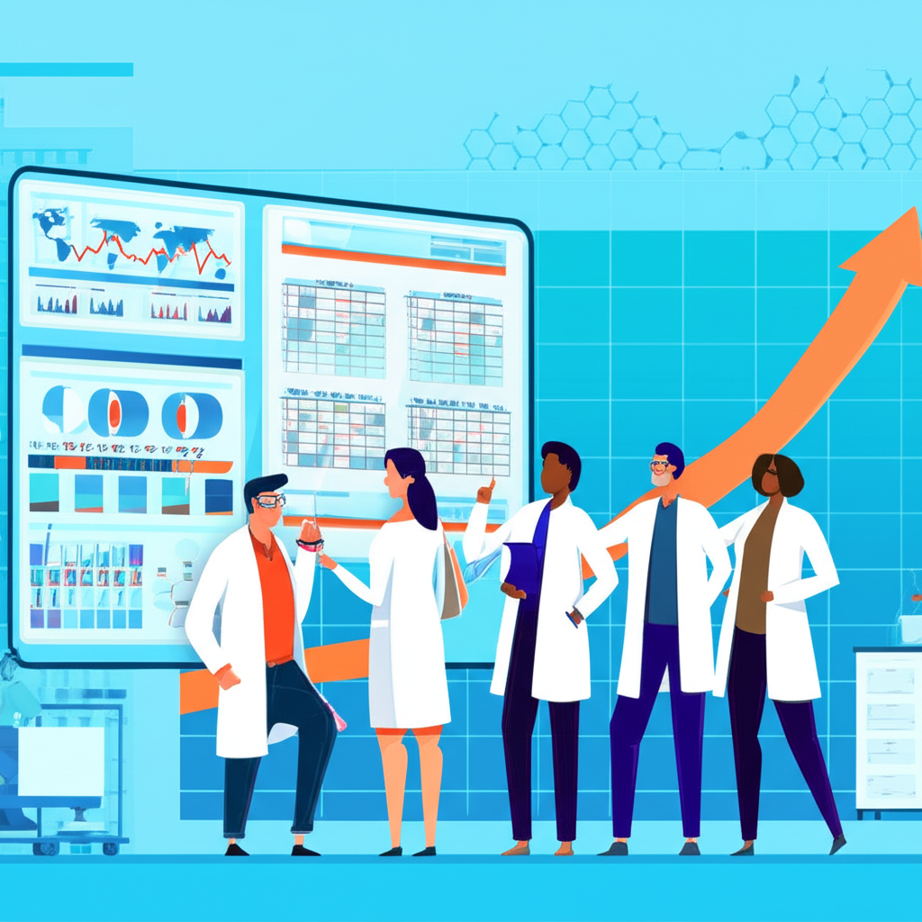 pharmaceutical laboratory with scientists examining positive clinical trial data for immuno-oncology drug