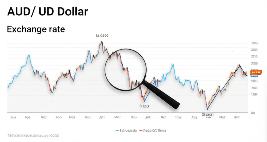 澳幣兌美元十年歷史走勢時間線,標註關鍵高峰與低谷,放大鏡聚焦當前趨勢