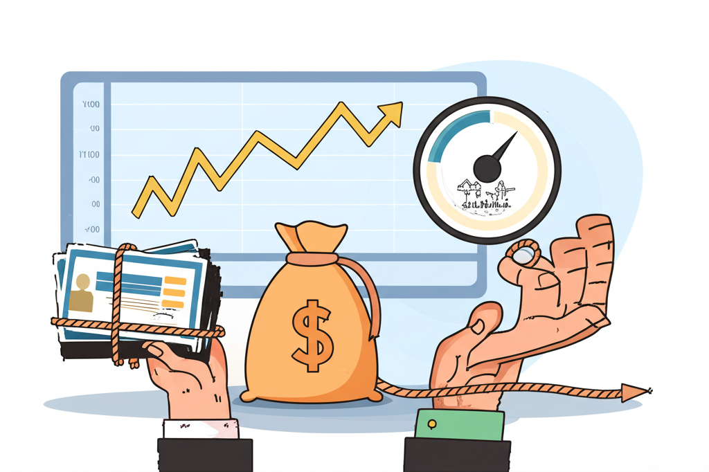 投資人手持股票證書堆疊，繩索連接到錢袋象徵貸款，背景有波動圖表顯示市場風險，以及大型儀表板標示質押維持率