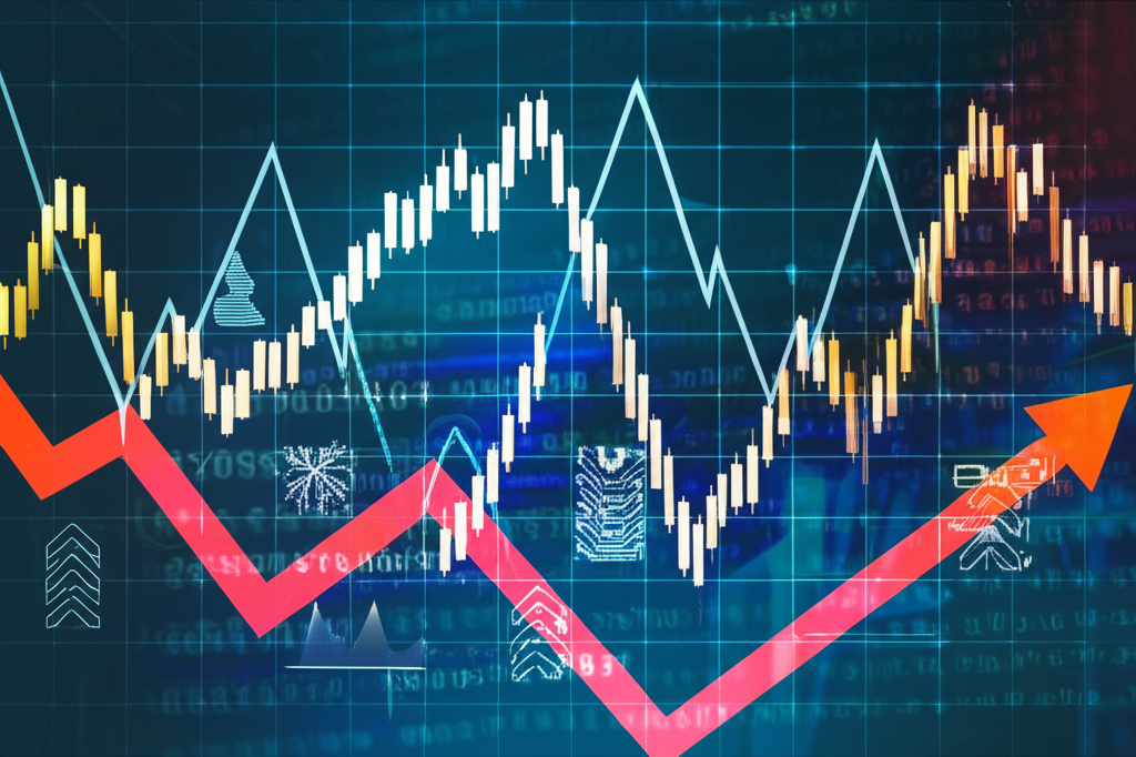 An illustration of a dynamic financial market with upward and downward arrows representing volatility. In the background there are abstract symbols for financial reports tech giants and algorithms seamlessly integrated
