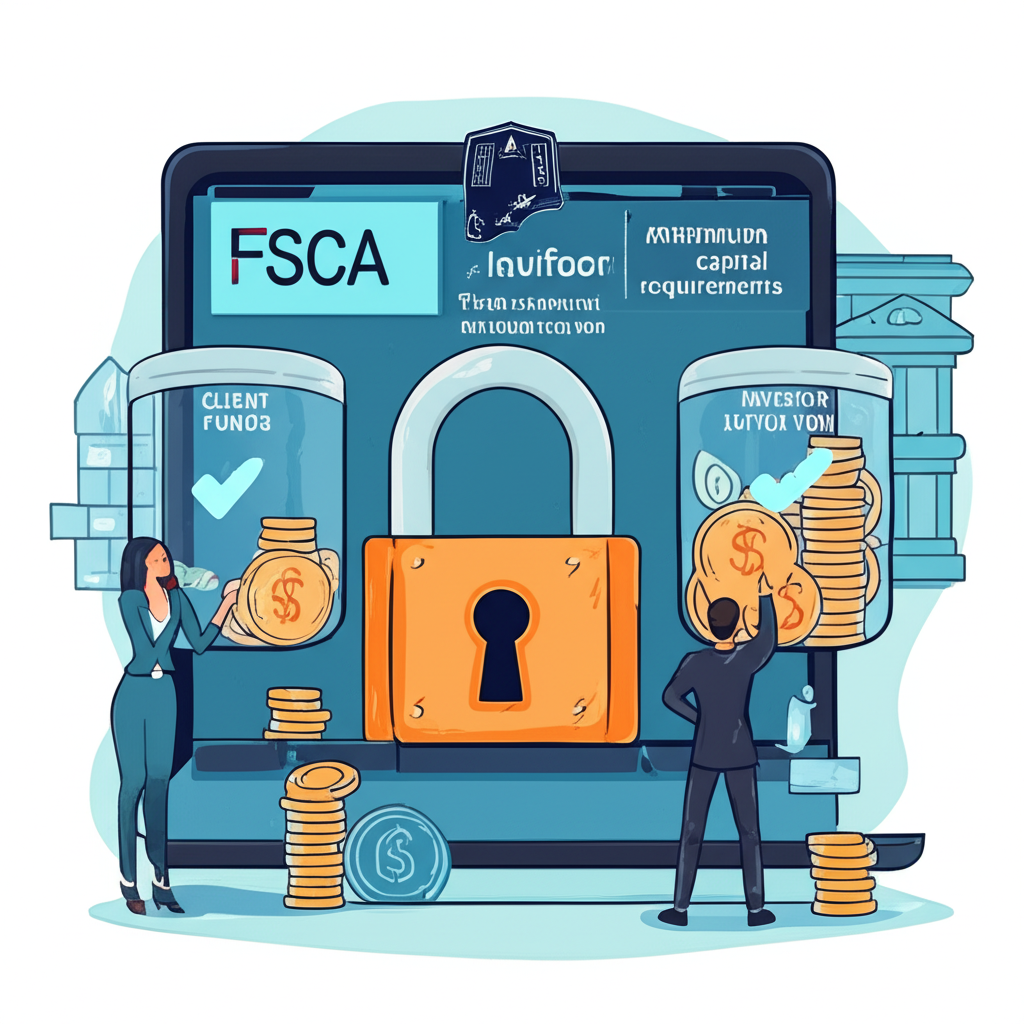 分離客戶資金置於透明獨立帳戶的插圖,配以大型安全鎖和金融機構,展示最低資本要求,強調投資者在受監管平台的安全互動與FCA投資者保護