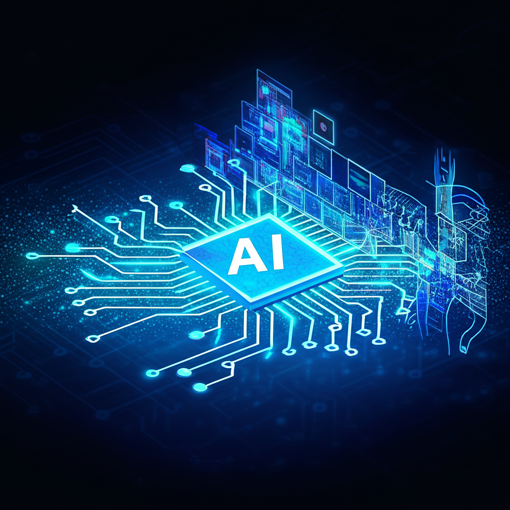 An illustration depicting the evolution of AI from tiny glowing chips connecting to a network to a sophisticated intelligent agent autonomously interacting with its environment symbolizing automation and decision making