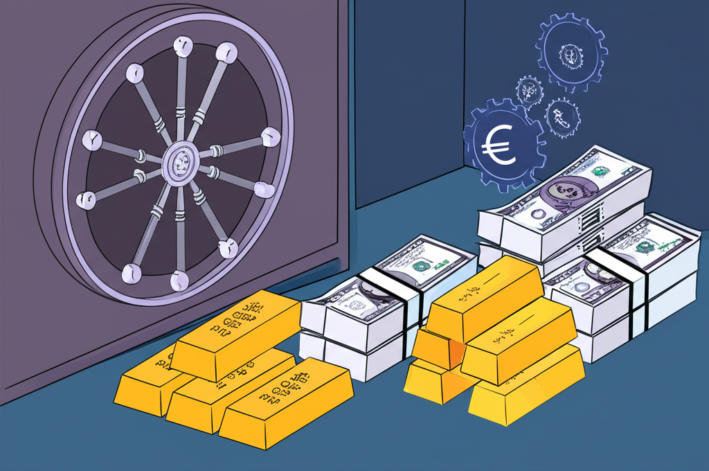 中央銀行金庫內存放各國貨幣與黃金,象徵金融穩定與國際支付功能