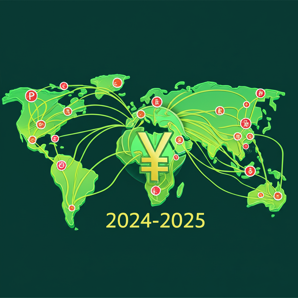 全球金融市場中貨幣流動交織,象徵人民幣在國際貿易與投資的動態角色,聚焦2024-2025展望