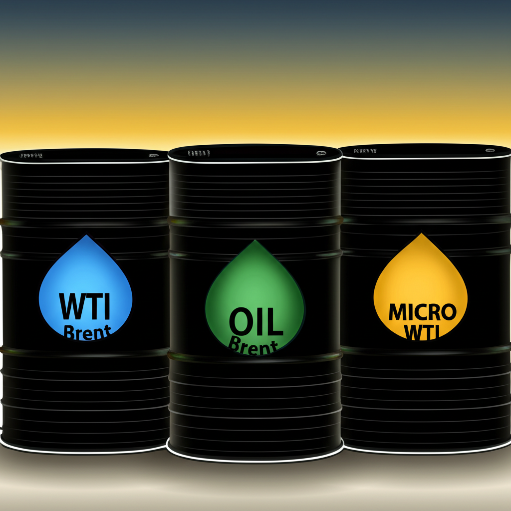 WTI、布蘭特與微型輕原油期貨的三種油桶比較圖，顯示不同市場背景與重要性