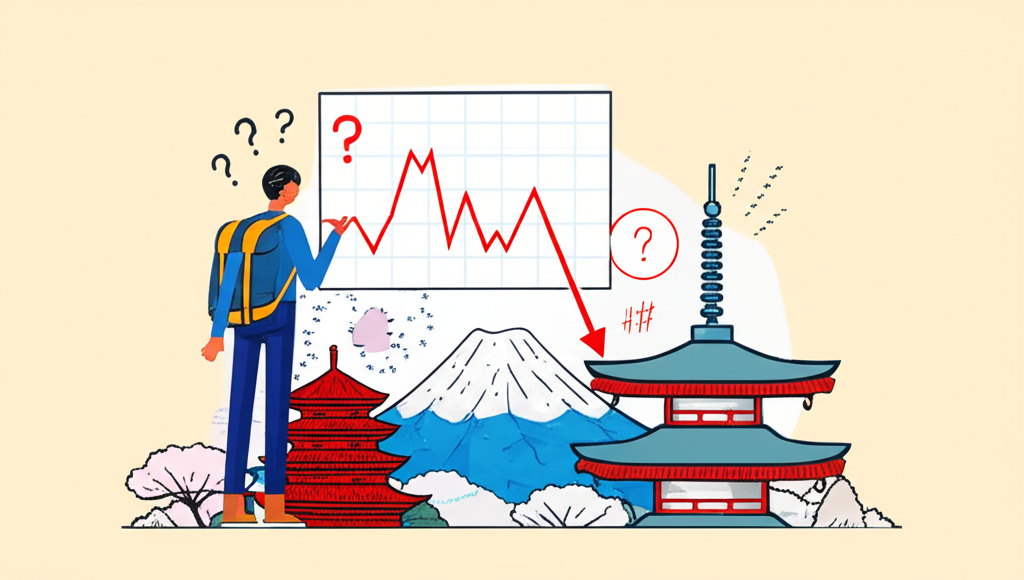 一名憂心忡忡的旅客盯著下滑的日圓匯率圖表，背景為日本經典地標，內心掙扎是否該換匯