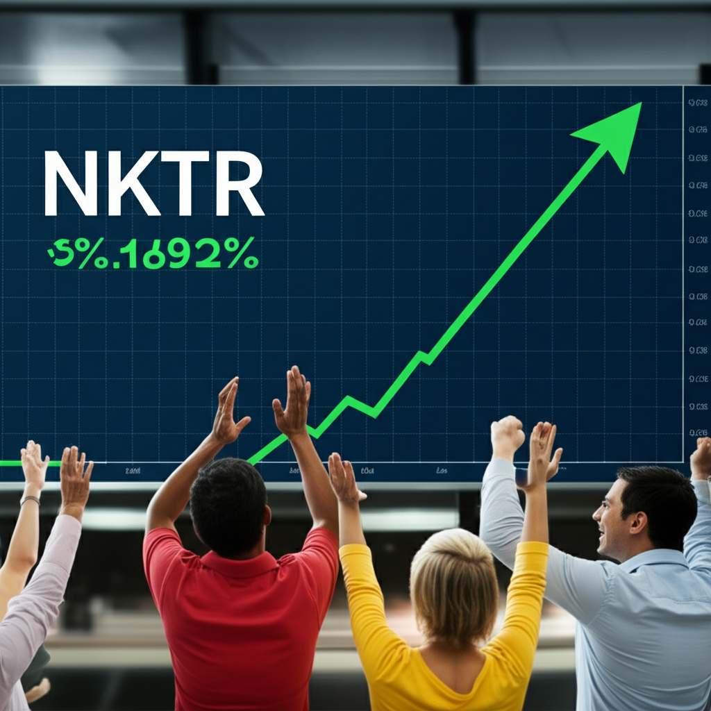 stock market board showing Nektar Therapeutics stock rising with patients cheering for cancer therapies