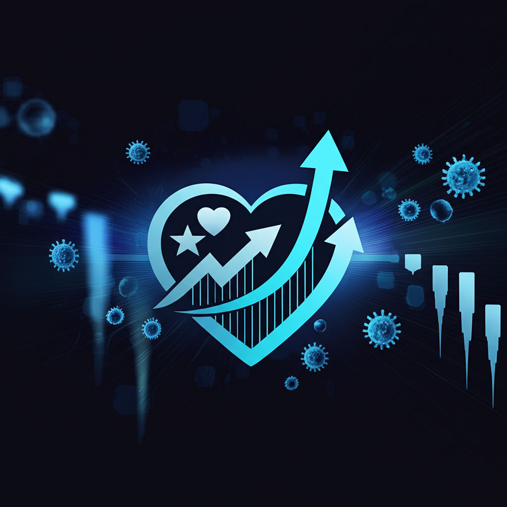 生技公司標誌與成長箭頭、心臟符號及顯微元素,象徵精準醫療與蓬勃市場