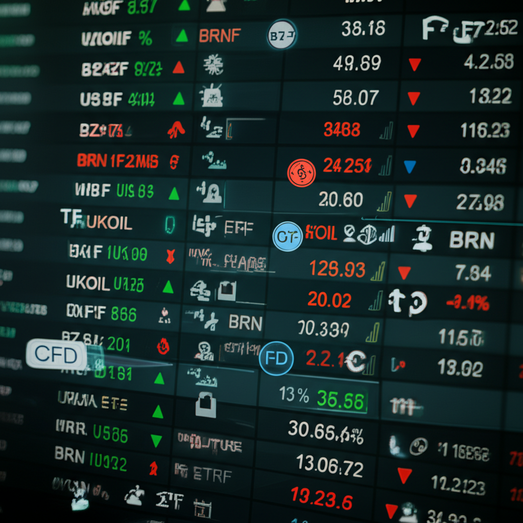 Digital trading screen illustration with Brent Crude Oil codes UKOIL BZ=F BRN