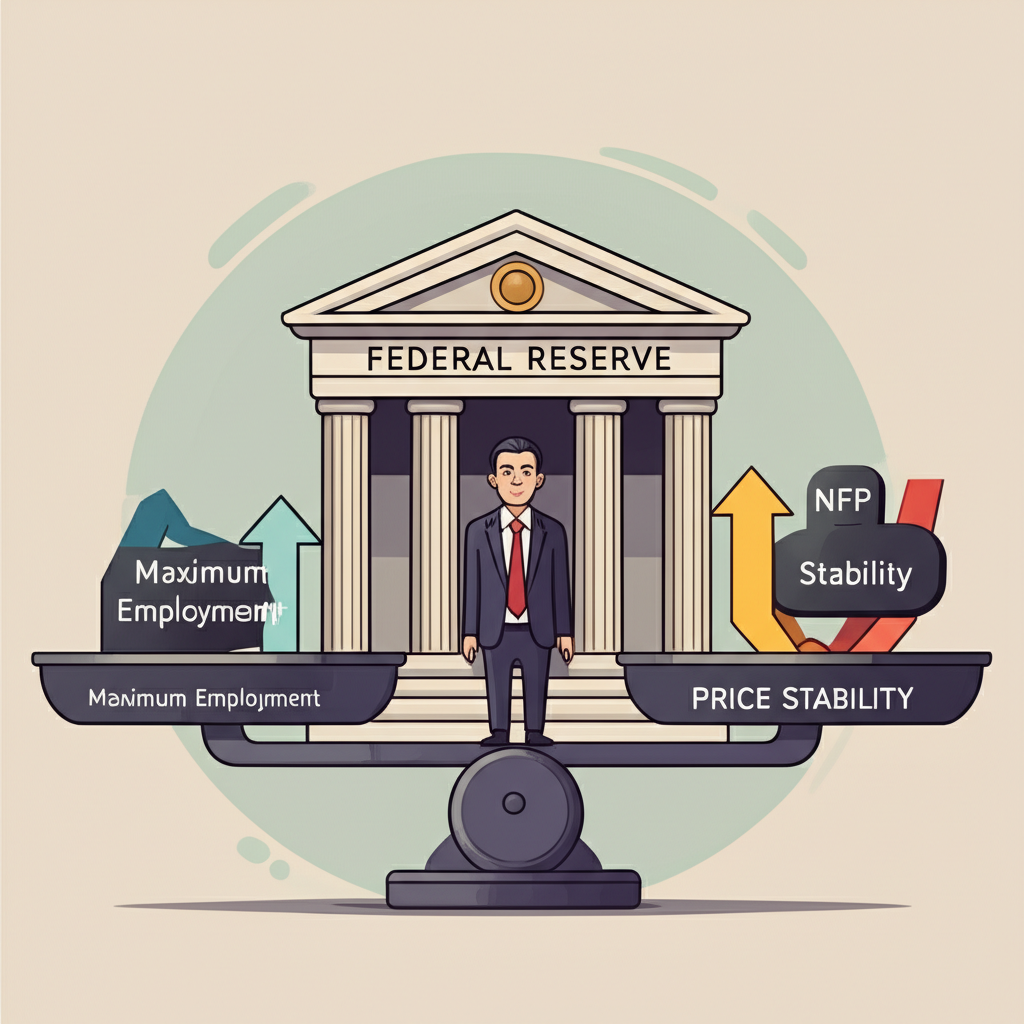 聯準會平衡最大就業與物價穩定天平,受非農數據如就業增長與失業率影響的示意圖