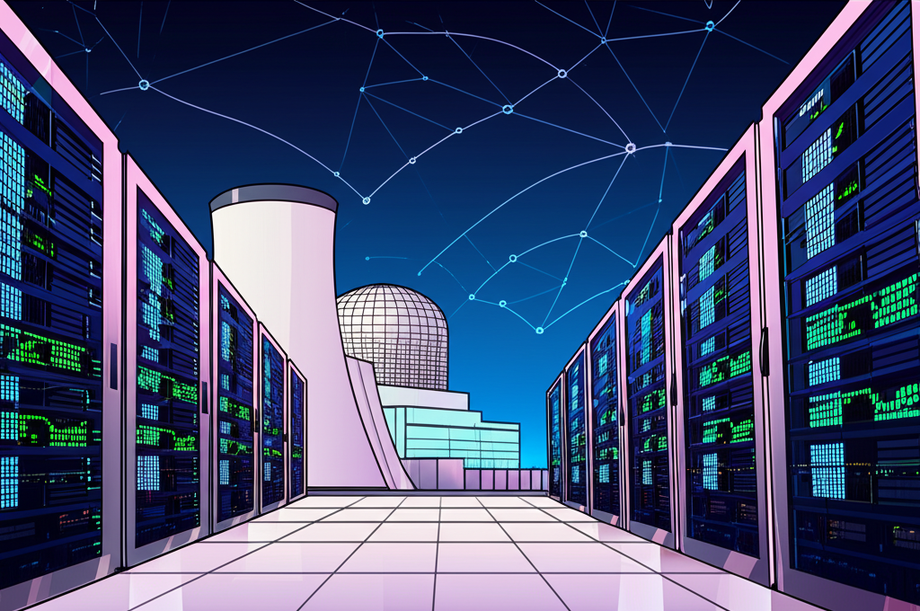 大型 AI 數據中心,發光伺服器和複雜演算法,背景有提供穩定能源的核電廠