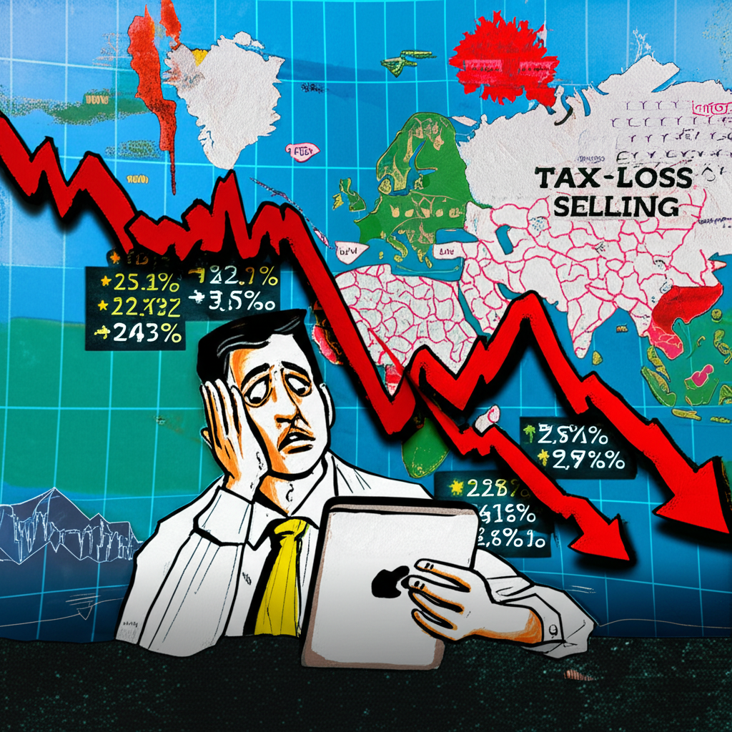 股市圖表顯示下跌趨勢，受稅損賣壓影響的股票進一步下滑，投資者擔憂，背景有政治地圖暗示地緣風險