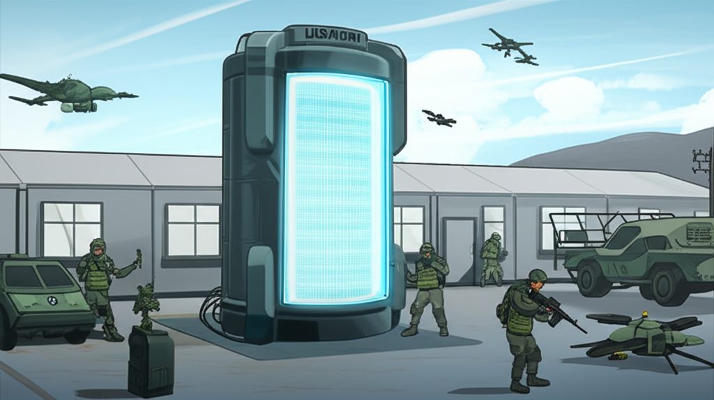 未來美國陸軍基地由緊湊發光的微型核反應爐供電,士兵周圍操作,展現能源獨立與作戰創新