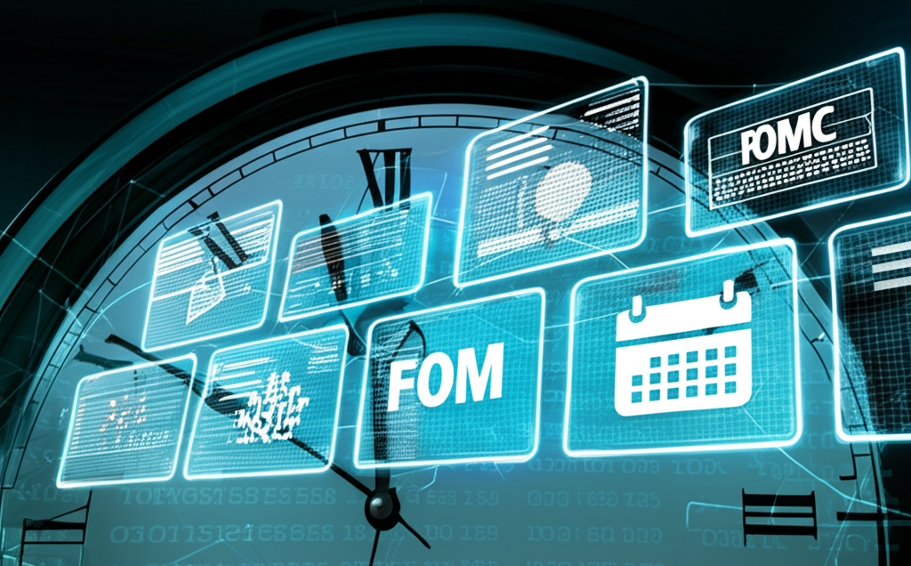 時鐘顯示下午 2 點，周圍有數位螢幕顯示新聞與行事曆圖示，代表 FOMC 紀要發布的全球金融新聞網路插圖