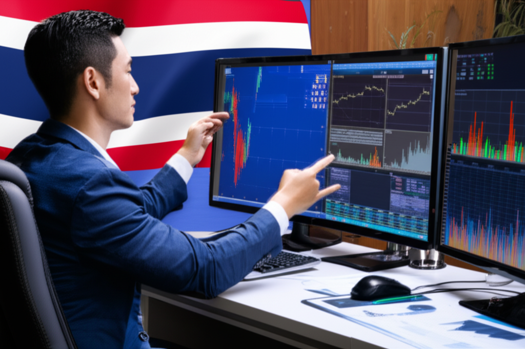 投資人分析外匯圖表,泰國國旗背景,展現高效交易場景