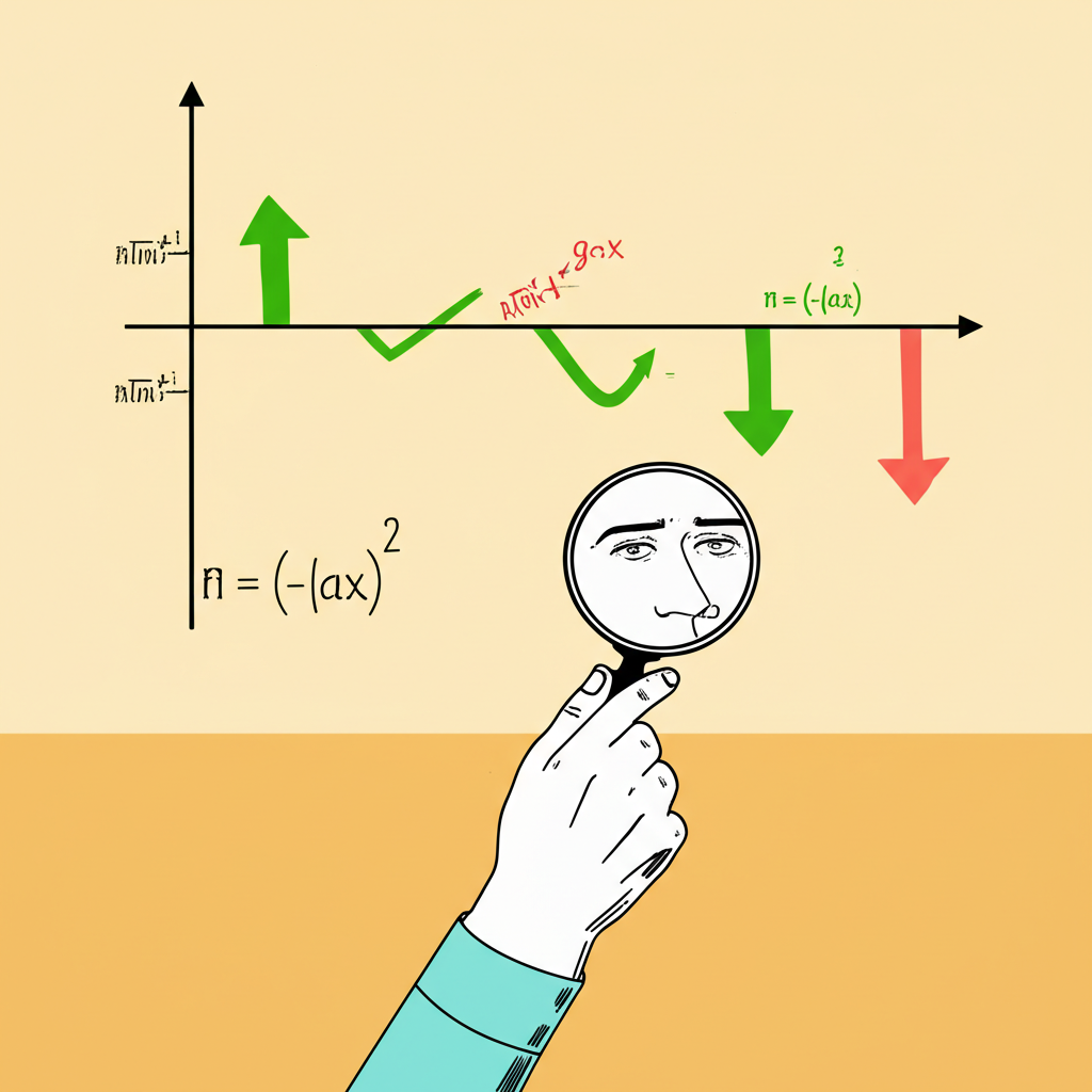 投資人透過放大鏡檢視圖表,分析潛在漲跌的獲利與損失