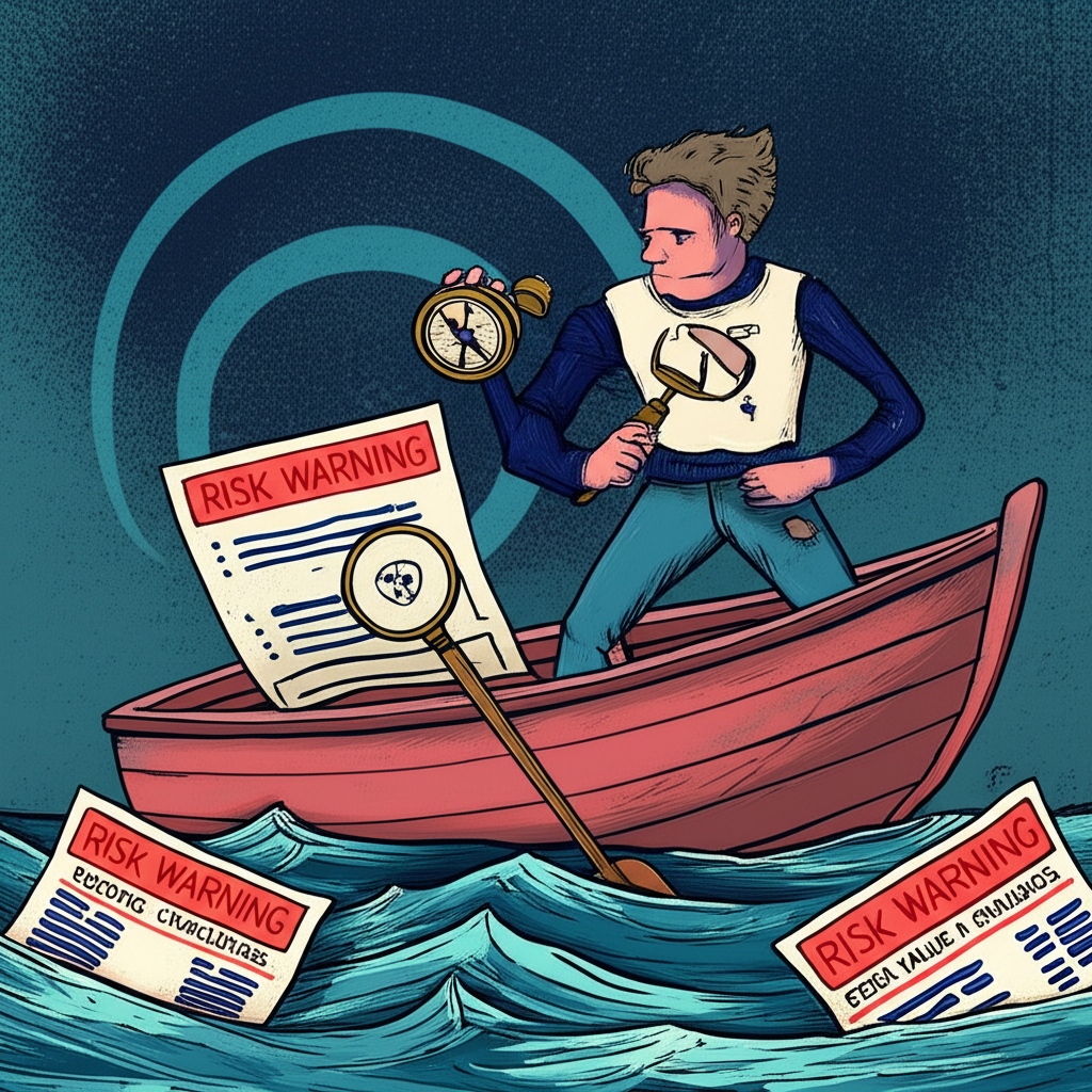 投資者在風暴般的金融市場中航行，使用指南針和放大鏡檢視資產負債表與風險警示