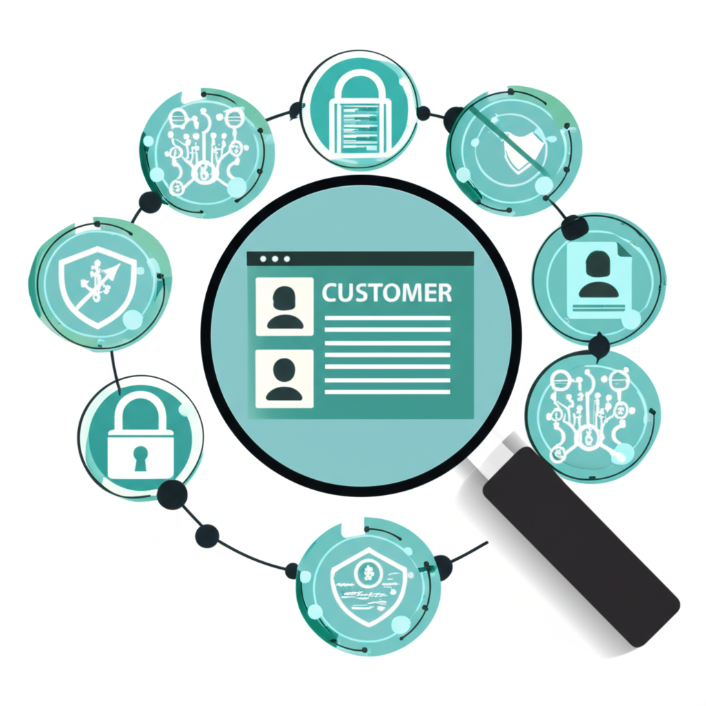 安全的數位生態系統插圖，放大鏡檢查客戶檔案象徵KYC流程防止金融犯罪與洗錢