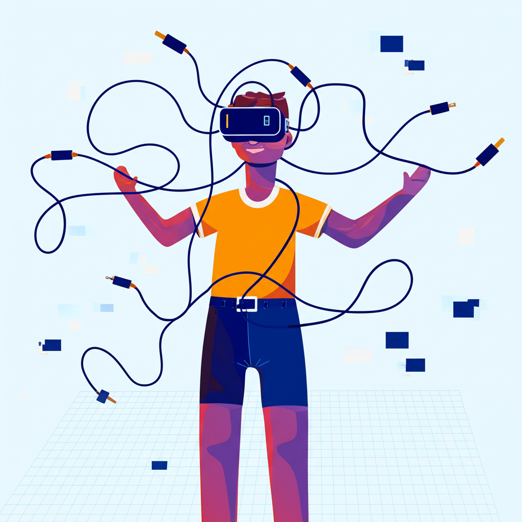 使用者掙扎於VR頭戴裝置的插圖，象徵硬體限制與內容匱乏