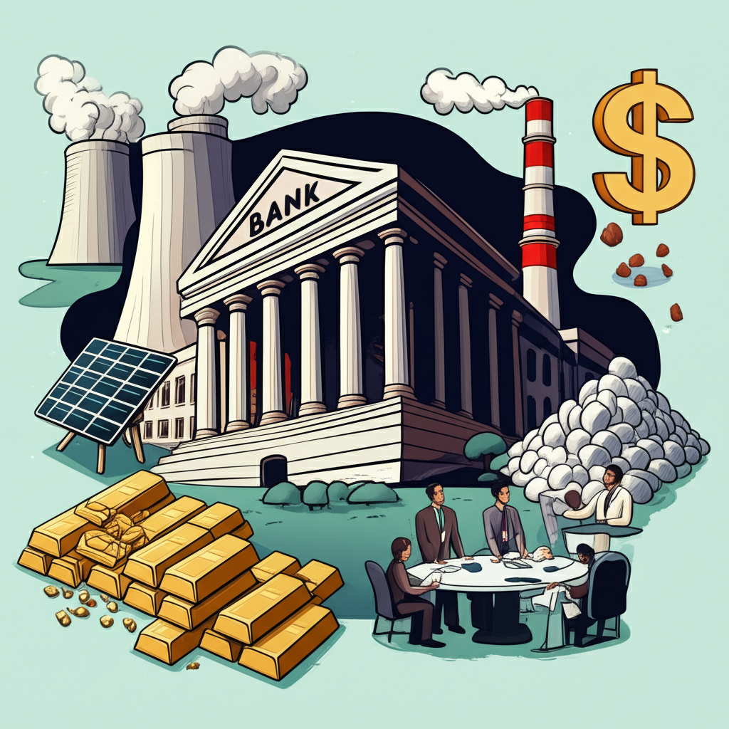 插畫:影響南非幣匯率的關鍵因素,包括央行利率、電力危機、政治辯論、商品堆疊與美元符號,呈現多重因素交織的複雜性