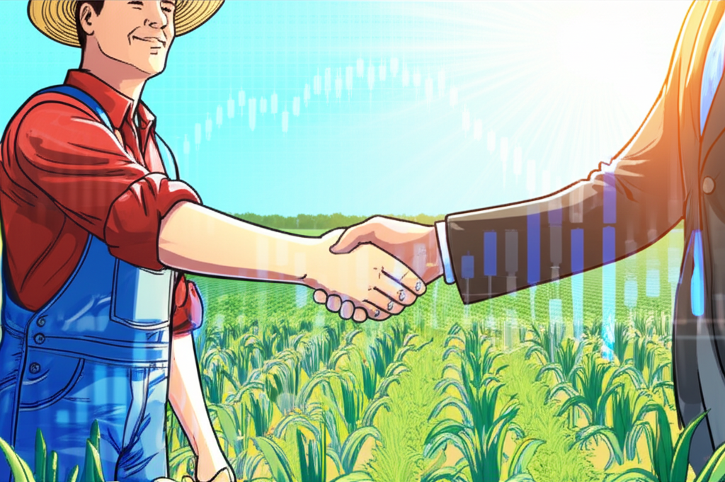 農民與買家在農田中握手，背景有財務圖表象徵期貨合約概念