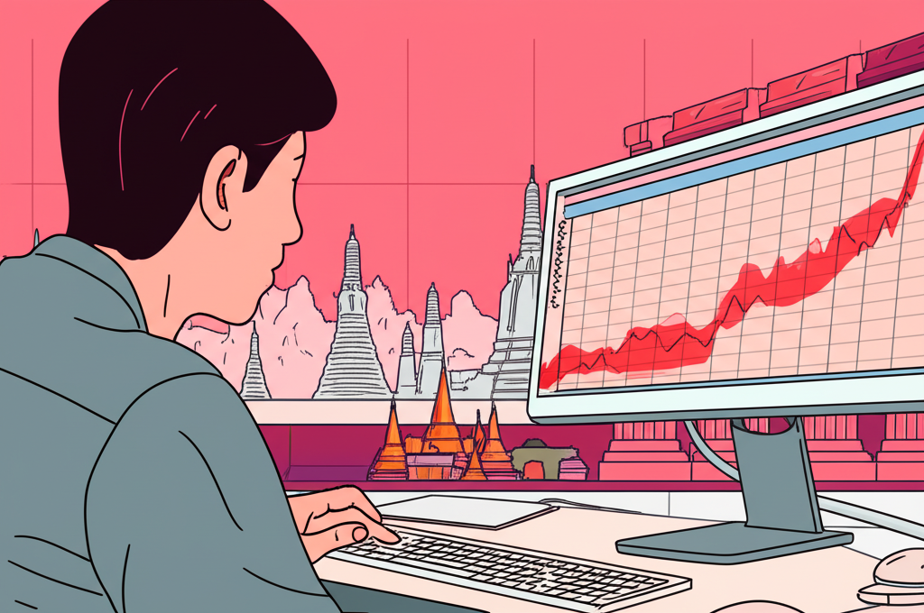 泰國投資者分析外匯走勢，背景融合大皇宮與現代金融城市景觀