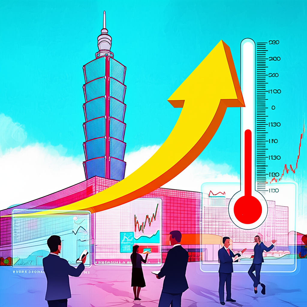 台灣股市大盤指數 TAIEX 示意圖,展示交易所建築與上漲箭頭,象徵經濟健康與全球投資關注