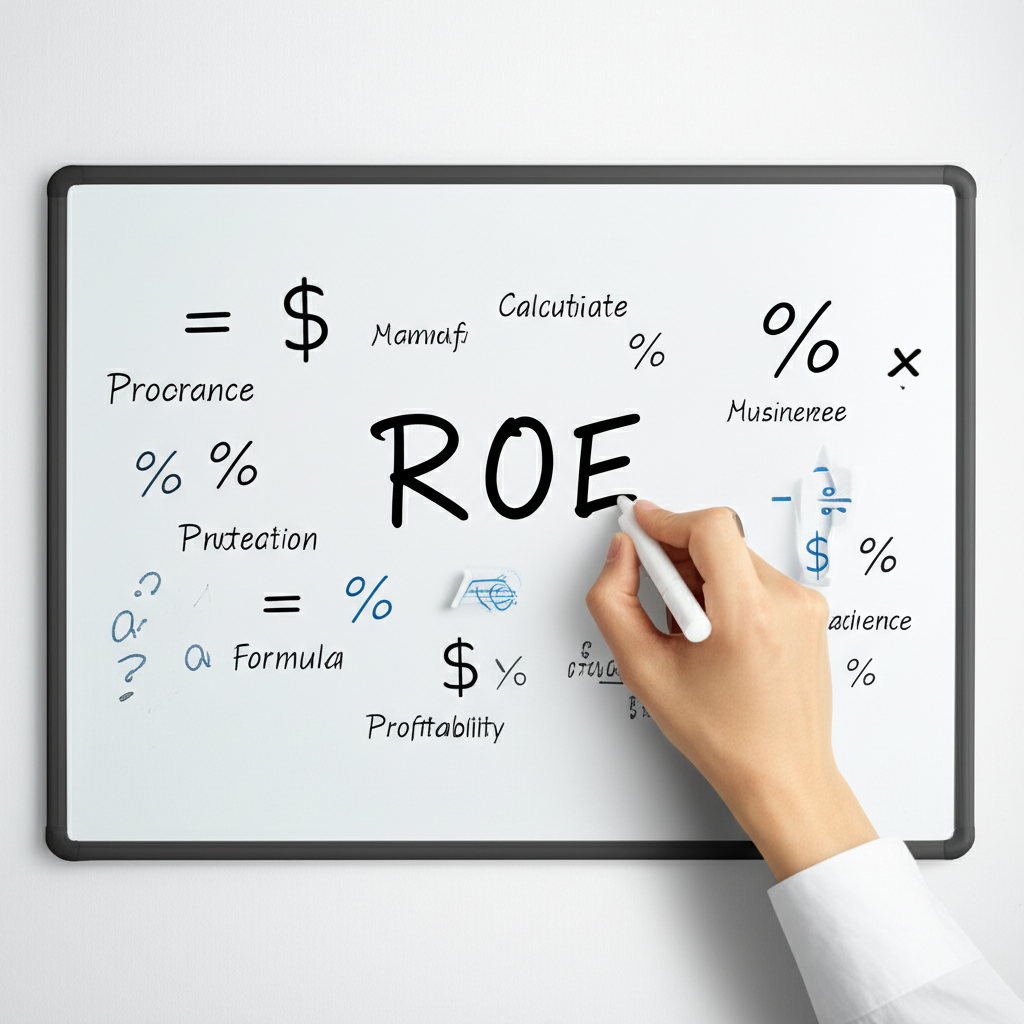 手在白板上書寫ROE公式,周圍環繞財務符號與方程式,象徵公司獲利核心秘密與計算方式,以清晰教育插圖風格呈現