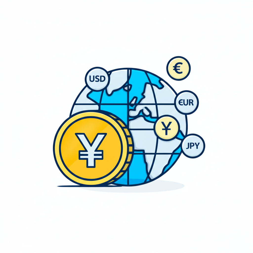 元幣上標註CNY旁邊環繞全球與ISO 4217貨幣代碼如USD EUR JPY的國際標準貨幣符號插圖