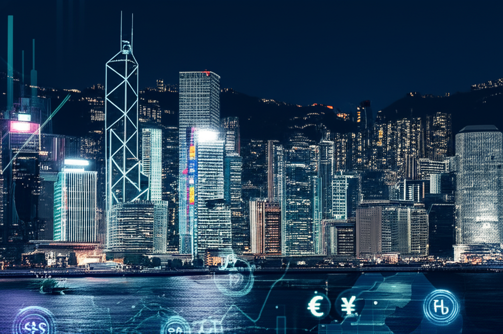 Hong Kong skyline digital forex trading illustration
