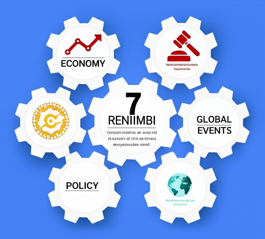 七個互聯齒輪象徵影響人民幣未來趨勢的關鍵因素,包括經濟、政策與全球事件符號