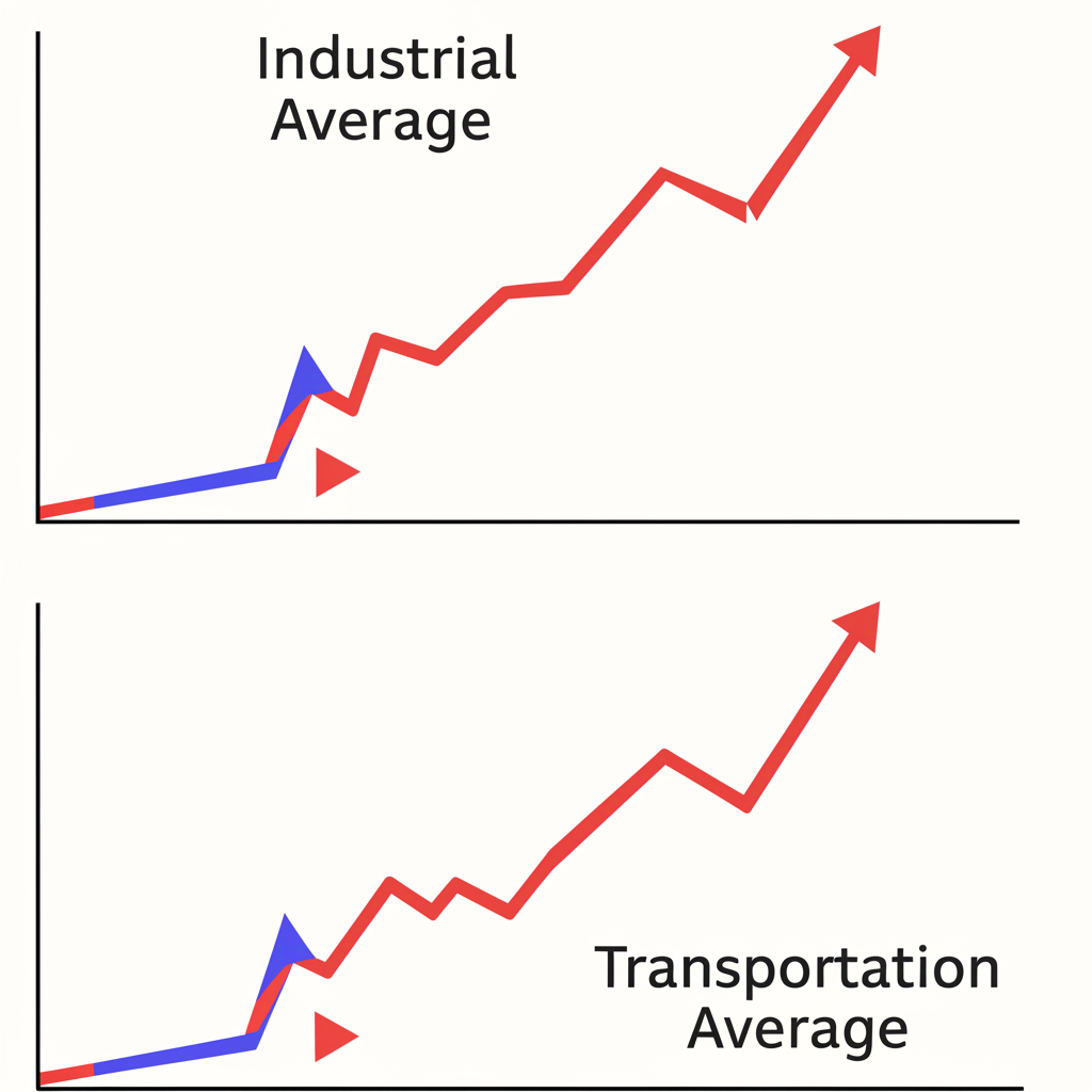 工業與運輸平均指數同步上漲的股市圖表插圖,象徵道氏理論下的正面市場訊號