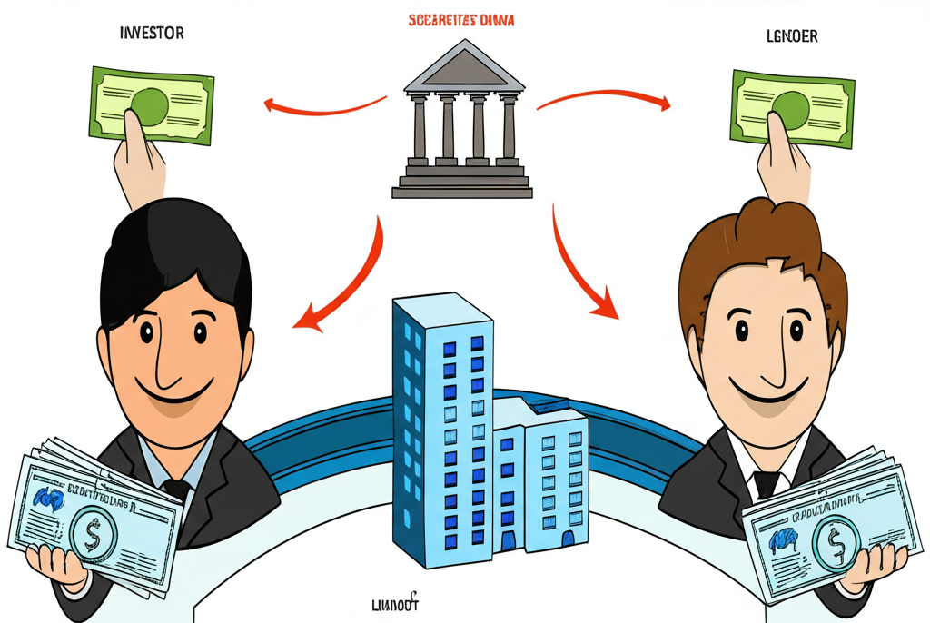 插畫展示一個簡化的金融生態系統,包含三位角色:微笑的出借人手持股票、證券商作為橋樑、借券人接收股票,三方之間有資金流動象徵利息支付